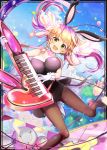  1girl :d animal_ears balloon blonde_hair blue_sky braid breasts bunnysuit card_(medium) clouds confetti instrument jumping keyboard_(instrument) large_breasts multicolored_hair official_art open_mouth rabbit_ears shinkai_no_valkyrie sky smile twin_braids twintails two-tone_hair uro_(oolong) yellow_eyes 