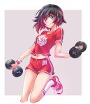  1girl dumbbell exercise gradient_hair grey_eyes gym_shorts gym_uniform highres iesupa multicolored_hair navel redhead ruby_rose rwby shoes short_hair shorts sneakers socks solo sweat two-tone_hair weightlifting weights 