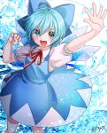 1girl :d arm_up bangs blue_bow blue_dress blue_eyes blue_hair blue_theme blush bow cirno clenched_hand dress fairy hair_between_eyes hair_bow hakusai_ponzu hand_up ice ice_wings legs_apart looking_at_viewer neck_ribbon open_mouth puffy_short_sleeves puffy_sleeves red_ribbon ribbon short_hair short_sleeves smile solo touhou v-shaped_eyebrows wings 