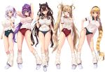  5girls arms_behind_head arms_up bangs blonde_hair blue_buruma blue_eyes bradamante_(fate/grand_order) braid breasts brown_hair buruma collarbone commentary_request erect_nipples eyebrows_visible_through_hair fate/grand_order fate_(series) fukuda_shuushi full_body hairband hand_on_hip hand_on_own_chest highres jeanne_d&#039;arc_(fate) jeanne_d&#039;arc_(fate)_(all) kama_(fate/grand_order) large_breasts lavender_hair long_hair loose_socks multiple_girls murasaki_shikibu_(fate) open_mouth ponytail purple_hair red_buruma red_eyes scathach_(fate)_(all) scathach_skadi_(fate/grand_order) shiny shiny_hair shiny_skin short_hair short_sleeves simple_background standing twintails violet_eyes white_background wristband 