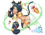  1girl :3 animal_ears barefoot bell black_hair black_legwear cat_ears cat_paws cat_tail complex_saga copyright_name dark_skin eyebrows_visible_through_hair full_body green_eyes jewelry looking_at_viewer necklace neko7 paws short_hair single_thighhigh solo tail thigh-highs 