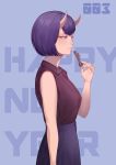  1girl 2018 blue_background blue_skirt closed_mouth collared_shirt eyebrows fate/grand_order fate_(series) from_side happy_new_year horns joe_(j_studio) looking_away nengajou new_year purple_hair purple_shirt shirt short_hair shuten_douji_(fate/grand_order) simple_background skirt sleeveless solo violet_eyes 