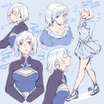 1girl alternate_costume alternate_hair_length alternate_hairstyle arms_behind_back blue_background blue_dress blue_eyes breasts closed_eyes dl dress earrings english_text from_side jewelry layered_dress legs medium_breasts multiple_views musical_note rwby scar scar_across_eye short_hair smile solo standing weiss_schnee white_hair wide_sleeves 