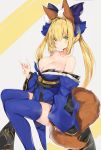  1girl ahoge animal_ear_fluff animal_ears bangs bare_shoulders blonde_hair blue_bow blue_kimono blue_legwear blue_sleeves blush bow breasts cleavage closed_mouth collarbone cosplay detached_sleeves eyebrows_visible_through_hair fate/extra fate/grand_order fate_(series) fox_ears fox_girl fox_shadow_puppet fox_tail green_eyes grey_background hair_between_eyes hair_bow hair_intakes highres japanese_clothes kemonomimi_mode kimono large_breasts long_hair long_sleeves looking_at_viewer nero_claudius_(fate) nero_claudius_(fate)_(all) obi revision sash sidelocks silver_(chenwen) sitting sleeves_past_wrists solo strapless tail tamamo_(fate)_(all) tamamo_no_mae_(fate) tamamo_no_mae_(fate)_(cosplay) thigh-highs twintails two-tone_background wide_sleeves yellow_background 