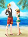  1boy 1girl beach bikini blonde_hair blue_sky brown_eyes brown_hair clouds cloudy_sky creatures_(company) day eye_contact flat_chest flower full_body game_freak green_bikini hat hat_flower highres long_sleeves looking_at_another minami_(pokemon) multicolored_hair nintendo outdoors pokemon pokemon_pinchers pokemon_ranger red_eye_(pokemon) sand sandals shorts sky standing swimsuit two-tone_hair zipper 