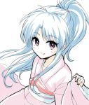  1girl blue_hair blush botan_(yuu_yuu_hakusho) closed_mouth commentary_request dress japanese_clothes kimono long_hair looking_at_viewer ponytail simple_background smile solo violet_eyes walkure white_background yuu_yuu_hakusho 