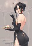  1girl :d ahoge ass bare_shoulders black_dress black_gloves black_hair braid breasts choker cowboy_shot dress elbow_gloves fangs from_side gloves hair_bun hayabusa highres indoors looking_at_viewer medium_breasts open_mouth original outstretched_hand short_hair side_bun side_slit sideboob sidelocks smile solo strapless strapless_dress teapot tray yellow_eyes 