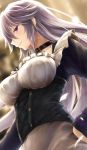  1girl bangs blurry blurry_background blush borrowed_character breasts choker collarbone corset dress expressionless framed_breasts frills hair_between_eyes hand_on_hip large_breasts long_hair long_sleeves looking_at_viewer original petals silver_hair solo suien tsurime upper_body violet_eyes 