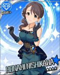  black_hair blush character_name dress gloves green_eyes idolmaster idolmaster_cinderella_girls long_hair nishikawa_honami smile stars 