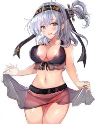  1girl anchor_symbol bikini black_bikini black_headband blush breasts clothes_writing collarbone eriyama_(user_csua4255) hair_ornament headband highres kantai_collection large_breasts looking_at_viewer medium_hair messy_hair navel one_side_up open_mouth sarong sarong_lift silver_hair simple_background skindentation solo standing suzutsuki_(kantai_collection) swimsuit upper_body violet_eyes white_background 