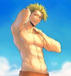  1boy achilles_(fate) ans bare_chest fate/apocrypha fate_(series) green_hair highres male_focus male_swimwear muscle ocean smile sol_ferrari solo swim_trunks swimwear upper_body water 