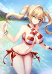  1girl ahoge beach bikini blonde_hair blue_sky blush bracelet breasts cleavage clouds criss-cross_halter earrings eyebrows_visible_through_hair fate/grand_order fate_(series) green_eyes hair_intakes halterneck highres holding holding_weapon jewelry large_breasts long_hair looking_at_viewer navel nero_claudius_(fate) nero_claudius_(fate)_(all) nero_claudius_(swimsuit_caster)_(fate) ocean outdoors sand side-tie_bikini sky smile solo striped striped_bikini swimsuit taka-kun twintails weapon 