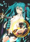  1girl asurada_yui black_legwear blue_eyes blue_hair breasts cleavage cowboy_shot detached_sleeves floating_hair gradient_sleeves grey_sleeves hair_between_eyes hatsune_miku long_hair long_sleeves looking_at_viewer medium_breasts midriff miku_append multicolored_hair navel necktie outstretched_arms purple_hair smile solo standing stomach thigh-highs two-tone_hair very_long_hair vocaloid vocaloid_append white_neckwear 