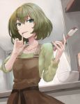  1girl :p arms_up asymmetrical_sleeves bangs blue_eyes bowl breasts brown_dress chocolate collarbone counter dress eyebrows_visible_through_hair finger_licking green_eyes green_sweatshirt hair_between_eyes heterochromia idolmaster idolmaster_cinderella_girls indoors licking long_sleeves mole mole_under_eye rurikosu short_hair sleeves_rolled_up small_breasts solo spatula takagaki_kaede tongue tongue_out upper_body 