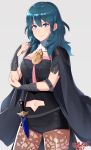  1girl absurdres armor blue_eyes blue_hair breasts byleth cape fire_emblem fire_emblem:_three_houses gloves hair_ornament highres long_hair looking_at_viewer medium_breasts nintendo sarukaiwolf short_hair simple_background smile solo standing upper_body white_background 