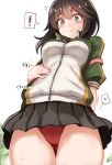  ! 1girl black_hair black_skirt blush_stickers closed_mouth commentary_request cowboy_shot from_below grey_eyes hand_on_own_stomach hayasui_(kantai_collection) jacket kantai_collection looking_down miniskirt panties pleated_skirt red_panties short_hair skirt spoken_exclamation_mark thighs track_jacket turtleneck underwear utopia white_jacket zipper 