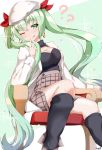  1girl ;9 ? absurdres bangs black_shirt blush boots breasts brown_footwear brown_skirt casual chair cleavage earrings eyebrows_visible_through_hair girls_frontline green_eyes green_hair grey_legwear hair_ribbon head_tilt highres hoop_earrings jacket jewelry kneehighs large_breasts long_hair long_sleeves looking_at_viewer micro_uzi_(girls_frontline) one_eye_closed open_clothes open_jacket red_ribbon ribbon shirt shorts signature simple_background sitting skirt sleeve_cuffs smile solo tongue tongue_out twintails very_long_hair white_background white_headwear white_jacket winterfall_(artenh) 