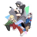  1boy 2girls add_(lord_el-melloi_ii) ahoge black_hair blonde_hair blush cape cloak cosplay costume_switch crossdressinging fate/grand_order fate_(series) fur_trim gray_(lord_el-melloi_ii) gray_(lord_el-melloi_ii)_cosplay green_eyes grey_hair highres hood hooded_cloak lord_el-melloi_ii_case_files multiple_girls necktie pants pantyhose pleated_skirt reines_el-melloi_archisorte reines_el-melloi_archisorte_(cosplay) skirt waver_velvet waver_velvet_(cosplay) 