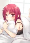  1girl angel_beats! barefoot bed bed_sheet blurry depth_of_field iwasawa looking_at_viewer lying nakamura_hinato on_stomach parted_lips pillow red_eyes redhead short_hair sleepwear solo sparkle strap_slip window 