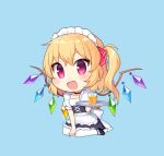  1girl :d alternate_costume apron bangs bendy_straw black_choker black_dress black_footwear blonde_hair blue_background blush chibi choker collarbone commentary_request crystal cup dress drink drinking_glass drinking_straw enmaided eyebrows_visible_through_hair fang flandre_scarlet frilled_apron frilled_dress frills full_body hair_between_eyes holding holding_tray long_hair maid maid_headdress one_side_up open_mouth pantyhose puffy_short_sleeves puffy_sleeves red_eyes shoes short_sleeves simple_background sitting smile solo touhou tray v-shaped_eyebrows waist_apron wariza white_apron white_legwear wings yada_(xxxadaman) 