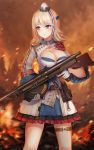  1girl absurdres bangs beluga_dolphin blonde_hair blue_hair blurry blurry_background breasts chauchat chauchat_(girls_frontline) cleavage cleavage_cutout dress dust eyebrows_visible_through_hair fire girls_frontline gloves gun hat highres holding holding_gun holding_weapon jacket large_breasts light_machine_gun looking_at_viewer looking_to_the_side mini_hat multicolored multicolored_clothes multicolored_dress multicolored_jacket outdoors redhead rifle sidelocks solo thigh_strap trigger_discipline uniform violet_eyes weapon 