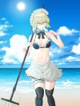  1girl apron artoria_pendragon_(all) artoria_pendragon_(swimsuit_rider_alter) asurada_yui beach bikini black_bikini black_legwear black_ribbon black_skirt blonde_hair blue_sky braided_bun breasts broom choker cleavage clouds collarbone day eyebrows_visible_through_hair fate/grand_order fate_(series) food frilled_apron frilled_bikini_top frills hair_between_eyes halterneck highres holding holding_broom holding_food ice_cream maid_bikini maid_headdress medium_breasts miniskirt navel neck_ribbon ocean outdoors popsicle ribbon shiny shiny_hair short_hair skirt sky solo standing sun swimsuit thigh-highs thigh_strap waist_apron white_apron yellow_eyes zettai_ryouiki 