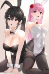  2girls :d :o all_fours animal_ears bangs bare_arms bare_shoulders black_bunny_ears black_eyes black_footwear black_hair black_hairband black_legwear black_leotard black_neckwear blush bow bowtie breasts bunnysuit cleavage collarbone covered_navel detached_collar eyebrows_visible_through_hair fake_animal_ears female flower hair_between_eyes hair_flower hair_ornament hairband high_heels highres kfr kneeling large_breasts leotard long_hair looking_at_viewer medium_breasts mole mole_on_breast mole_under_eye multiple_girls neck open_mouth original pantyhose pink_eyes pink_hair rabbit_ears red_eyes red_flower red_neckwear red_rose rose sidelocks smile thighband_pantyhose twintails very_long_hair white_bunny_ears white_hairband white_leotard wrist_cuffs 