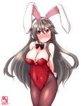  1girl alternate_costume animal_ears arms_behind_back artist_logo bare_shoulders black_hair blush bow bowtie breasts brown_eyes brown_legwear bunny_tail bunnysuit cleavage covered_navel cowboy_shot dated detached_collar fake_animal_ears hair_between_eyes hair_ornament hairclip haruna_(kantai_collection) highres kanon_(kurogane_knights) kantai_collection leotard long_hair looking_at_viewer pantyhose rabbit_ears red_leotard simple_background solo strapless strapless_leotard tail white_background wrist_cuffs 