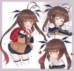  1girl antenna_hair bag bangs brown_hair candy closed_eyes commentary_request eyebrows_visible_through_hair finesoda food girls_frontline gradient_hair heart holding_lollipop lollipop long_hair long_sleeves lying m14_(girls_frontline) multicolored_hair multiple_views on_side open_mouth pleated_skirt redhead school_bag skirt sleeping twintails two-tone_hair wide_sleeves yellow_eyes younger 