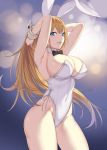  1girl :d absurdres animal_ears armpits arms_behind_head arms_up azur_lane bangs bare_arms bare_shoulders black_neckwear blonde_hair blue_eyes blurry bokeh bow bowtie breasts bunny_girl bunnysuit cleavage covered_navel cowboy_shot depth_of_field detached_collar erect_nipples fake_animal_ears fanbox_reward groin hairband highleg highleg_leotard highres ikomochi large_breasts leotard long_hair looking_at_viewer no_panties north_carolina_(azur_lane) open_mouth paid_reward rabbit_ears sidelocks smile solo standing thighs very_long_hair white_leotard wrist_cuffs 