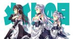  3girls apron azur_lane belchan_(azur_lane) belfast_(azur_lane) black_hair blue_eyes breasts cleavage collar collarbone commentary_request gloves highres hihiirokane_m large_breasts long_hair looking_at_viewer looking_to_the_side maid maid_apron maid_day maid_headdress multiple_girls newcastle_(azur_lane) remodel_(azur_lane) silver_hair translated violet_eyes 