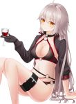  1girl absurdres ahoge alcohol arm_support ass bare_legs bikini black_bikini black_gloves breasts carat_hanna cleavage closed_mouth collarbone cup drinking_glass fate/grand_order fate_(series) feet_out_of_frame gloves halterneck highres holding holding_cup jeanne_d&#039;arc_(alter_swimsuit_berserker) jeanne_d&#039;arc_(fate)_(all) knees_up leg_belt long_hair long_sleeves looking_at_viewer medium_breasts navel orange_eyes shrug_(clothing) silver_hair simple_background single_glove sitting smile solo stomach swimsuit very_long_hair white_background wine wine_glass 