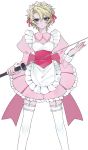  1boy alternate_costume apron aqua_eyes blonde_hair blush bow crossdressinging don_(macaron_panda13) dress enmaided frilled_apron frills garter_straps highres kyou_kara_maou! maid maid_apron maid_headdress male_focus pink_bow puffy_sleeves simple_background solo thigh-highs trap white_background white_legwear wolfram_von_bielefeld wrist_cuffs 