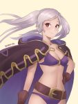  1girl belt bikini breasts brown_eyes brown_gloves cleavage closed_mouth cute female_my_unit_(fire_emblem:_kakusei) fire_emblem fire_emblem:_kakusei fire_emblem_heroes gloves highres intelligent_systems jewelry medium_breasts my_unit_(fire_emblem:_kakusei) necklace nintendo o-ring o-ring_bikini reflet simple_background smile solo spiffydc super_smash_bros. swimsuit twintails twitter_username white_hair 