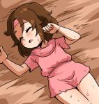  1girl blush brown_hair child closed_eyes dress eyes_closed headband hiru_made_ne-tarou hokuto_no_ken lynn on_back pink_dress short_dress short_hair simple_background sleeping solo sweat torn_clothes torn_dress 