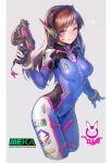  1girl ;) absurdres bangs blue_bodysuit blush bodysuit breasts brown_hair character_name charm_(object) closed_mouth clothes_writing commentary_request covered_navel cowboy_shot cropped_legs d.va_(overwatch) deluxe&lt;&lt;&lt; english_text eyebrows_visible_through_hair facial_hair gloves grey_background gun headgear highres holding holding_gun holding_weapon long_hair looking_at_viewer medium_breasts one_eye_closed overwatch pentagram red_eyes simple_background smile solo straight_hair swept_bangs v-shaped_eyebrows weapon white_gloves 