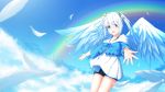  1girl :d aoi_thomas bangs bare_shoulders black_shorts blue_eyes blue_hair blue_shirt blue_sky blue_wings blush clouds collarbone commentary_request day dress eyebrows_visible_through_hair feathered_wings feathers gradient_hair hair_between_eyes hair_ribbon highres long_sleeves multicolored_hair off-shoulder_shirt off_shoulder open_mouth original outdoors outstretched_arm rainbow ribbon round_teeth shirt short_shorts shorts shorts_under_dress silver_hair sky smile solo teeth twintails upper_teeth white_dress white_feathers white_ribbon white_wings wide_sleeves wings 