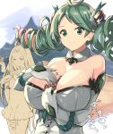  2girls ahoge antenna_hair arao bangs bare_shoulders bow breasts choker cleavage closed_eyes collarbone commentary_request cowboy_shot curly_hair de_la_fille dress dress_pull drill_hair elbow_gloves flat_chest fur_collar gem gloves gradient_hair granblue_fantasy green_eyes green_hair hair_bow hair_intakes hair_ornament jewelry large_breasts long_hair looking_at_viewer lyria_(granblue_fantasy) monochrome motion_lines multicolored_hair multiple_girls off_shoulder short_dress smile smug streaked_hair swept_bangs translation_request twin_drills twintails upper_body very_long_hair white_dress 