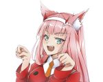  1girl absurdres animal_ear_fluff animal_ears bangs cat_ears commentary_request darling_in_the_franxx eyebrows_visible_through_hair fang green_eyes hairband highres horns long_hair looking_at_viewer military military_uniform oni_horns open_mouth orange_neckwear paw_pose pillaridha pink_hair red_horns simple_background solo straight_hair uniform white_hairband zero_two_(darling_in_the_franxx) 