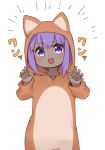  1girl :d animal_costume animal_ears bangs blush claw_pose collarbone dark_skin emphasis_lines eyebrows_visible_through_hair fake_animal_ears fate/prototype fate/prototype:_fragments_of_blue_and_silver fate_(series) fox_costume fox_ears fox_hood hair_between_eyes hands_up hassan_of_serenity_(fate) hood hood_up i.u.y looking_at_viewer open_mouth purple_hair sidelocks simple_background smile solo v-shaped_eyebrows violet_eyes white_background 