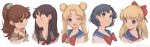  5girls ;d aino_minako bangs bishoujo_senshi_sailor_moon black_hair blonde_hair blue_eyes blue_hair blush bow bowtie brooch brown_hair closed_mouth collarbone double_bun earrings eyebrows_visible_through_hair green_eyes hair_bobbles hair_bow hair_ornament half_updo head_tilt high_ponytail highres hino_rei jewelry juuban_middle_school_uniform kino_makoto kino_makoto&#039;s_school_uniform long_hair looking_at_viewer looking_away looking_to_the_side mizuno_ami multiple_girls neckerchief one_eye_closed open_mouth parted_bangs parted_lips portrait red_bow red_neckwear round_teeth ryota_(ry_o_ta) school_uniform serafuku shiba_koen_middle_school_uniform short_hair signature simple_background smile stud_earrings ta_girls_school_uniform teeth tsukino_usagi twintails upper_teeth violet_eyes white_background 