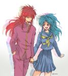  1boy 1girl blue_hair blue_serafuku blue_shirt blue_skirt blush botan_(yuu_yuu_hakusho) breasts closed_mouth commentary_request hetero kurama long_hair nagisa-a ponytail school_uniform shirt skirt smile yuu_yuu_hakusho 