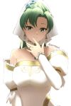  1girl artist_name bare_shoulders breasts bridal_gauntlets bridal_veil choker closed_mouth collarbone cute dress earrings facing_viewer finger_to_mouth fire_emblem fire_emblem:_rekka_no_ken fire_emblem_heroes gloves gold_trim green_eyes green_hair high_ponytail intelligent_systems jewelry large_breasts long_hair looking_at_viewer lyndis_(fire_emblem) nintendo ponytail ring simple_background skeptycally smile solo strapless strapless_dress twitter_username veil wedding_dress wedding_ring white_background white_dress 