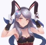  1girl alternate_costume animal_ears breasts choker cleavage fake_animal_ears fire_emblem fire_emblem:_akatsuki_no_megami fire_emblem_heroes flower gloves hair_flower hair_ornament leonmandala long_hair micaiah nintendo parted_lips rabbit_ears silver_hair simple_background solo upper_body white_background white_gloves yellow_eyes 