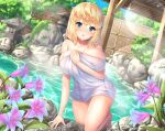  1girl :o aqua_eyes bangs bare_shoulders blue_sky blurry blush bokeh breasts collarbone day depth_of_field flower large_breasts light_particles long_hair looking_at_viewer moss naked_towel official_art one_knee onsen original outdoors pensuke plant rock sidelocks skindentation sky solo towel tree wading wet 