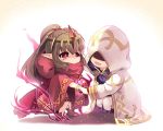  1girl 1other aura bracelet brown_gloves chiki cloak crying crying_with_eyes_open dark_aura fire_emblem fire_emblem:_mystery_of_the_emblem fire_emblem_heroes gloves green_hair hand_holding highres hood hood_down hood_up hooded_cloak jewelry long_hair long_sleeves mamkute nakabayashi_zun nintendo open_mouth pointy_ears ponytail red_eyes simple_background stone summoner_(fire_emblem_heroes) tears tiara 