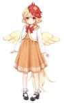  1girl animal animal_on_head bangs bird black_footwear blonde_hair bobby_socks bow bowtie chick commentary_request dress dtvisu feathered_wings full_body high_heels highres long_sleeves looking_at_viewer mary_janes multicolored_hair niwatari_kutaka on_head orange_dress red_bow red_eyes red_neckwear redhead shirt shoes short_hair simple_background socks solo standing tail_feathers touhou two-tone_hair white_background white_legwear white_shirt wings yellow_wings 