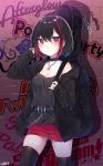  1girl absurdres adjusting_hair alley bang_dream! bangs bare_shoulders belt belt_buckle black_belt black_hair black_jacket black_legwear black_shirt blush bob_cut breasts brick_wall buckle chain chain_necklace eyebrows_visible_through_hair frown graffiti group_name highres holding_strap hood hooded_jacket instrument_case jacket jewelry lock logo looking_at_viewer medium_breasts miniskirt mitake_ran multicolored_hair off_shoulder outdoors pink_eyes red_skirt ring shirt skirt sleeveless sleeveless_shirt sleeves_past_wrists spaghetti_strap streaked_hair thigh-highs urim_(paintur) zettai_ryouiki 