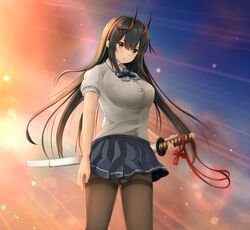  1girl azur_lane bangs blue_skirt bow breasts brown_eyes brown_hair brown_legwear collared_shirt commentary_request dress_shirt eyebrows_visible_through_hair hair_between_eyes highres holding holding_sword holding_weapon horns katana long_hair looking_at_viewer mctom medium_breasts miniskirt panties panties_under_pantyhose pantyhose pleated_skirt purple_bow red_bow school_uniform sheath sheathed shirt short_sleeves skirt solo striped striped_bow suzuya_(azur_lane) sword thighband_pantyhose underwear very_long_hair weapon white_panties white_shirt 