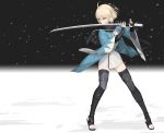 1girl ahoge akai2930 arm_guards black_bow black_scarf blonde_hair bow fate/grand_order fate_(series) fighting_stance full_body half_updo haori highres holding holding_sword holding_weapon japanese_clothes katana kimono leg_armor looking_to_the_side obi okita_souji_(fate) okita_souji_(fate)_(all) sash scarf serious short_kimono snow solo stirrup_legwear sword thigh-highs toeless_legwear weapon wide_sleeves 